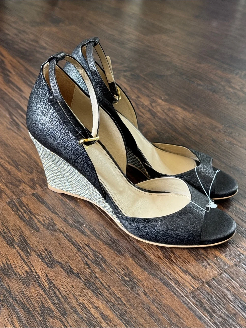 Bruno Magli Black Leather Peep-Toe Wedge Sandals with Raffia-Wrapped Heel